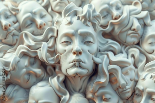 An abstract 3D rendering of multiple faces merging into one, depicting concepts of conformity or loss of individuality, ideal for artistic expressions or psychological discussions.