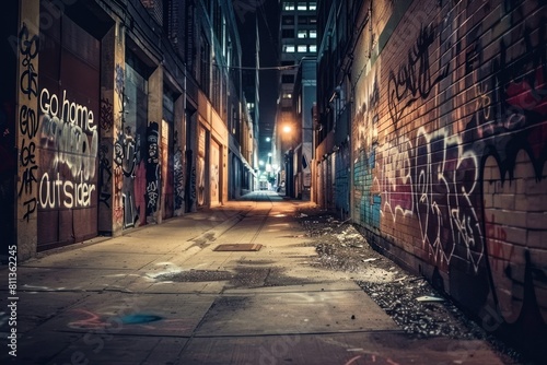moody urban alley scene spray-painted with words 