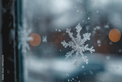 Winter time, cold winter days: close up photo of a huge snow flake on a window