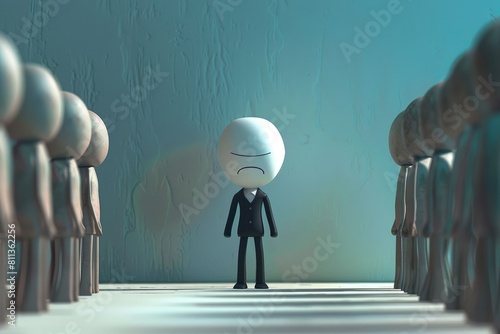 A 3D image of a figure appearing stressed or overwhelmed, standing before a row of identical figures, perfect for discussions on conformity or workplace stress. photo