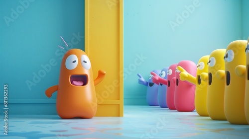 A 3D animated scene of a surprised character reacting to peers pointing, illustrating themes of peer pressure or social dynamics, great for discussions on social behavior or group influence. photo