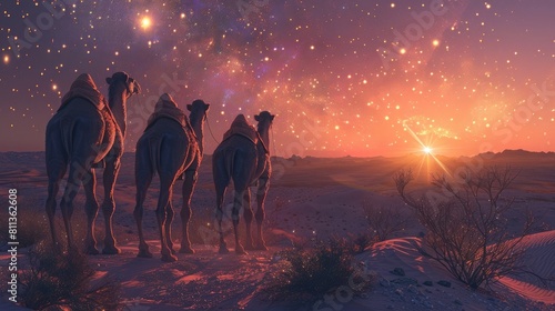 desert camels with a star  in the style of mystical landscapes  travel  Milky Way galaxy and stars in the sky - Generative AI realistic
