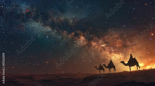 desert camels with a star  in the style of mystical landscapes  travel  Milky Way galaxy and stars in the sky - Generative AI realistic