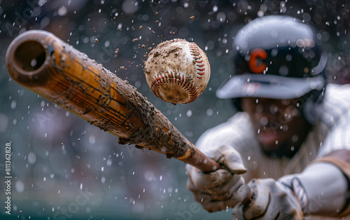 Dynamic baseball player hitting ball in rain