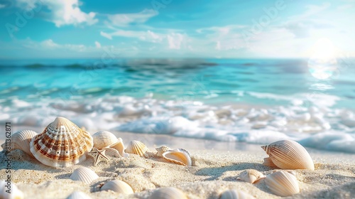 Beautiful beach with white sand, blue water and sea shells on the shore