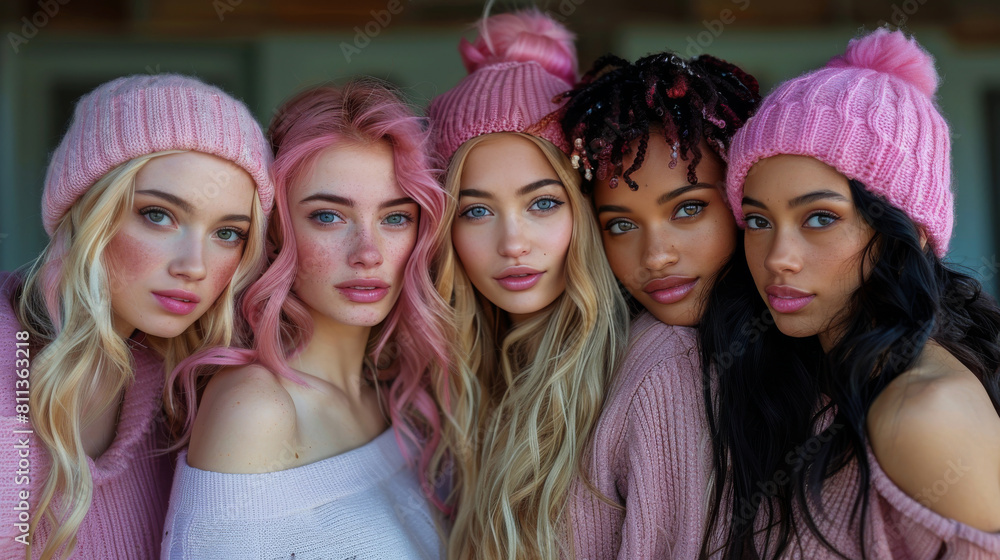Group of Women Wearing Pink Hats and Sweaters Group of Women Wearing Pink Hats and Sweaters