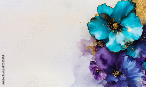 elegant turquoise and purple flowers alcohol ink background with gold glitter elements, banner