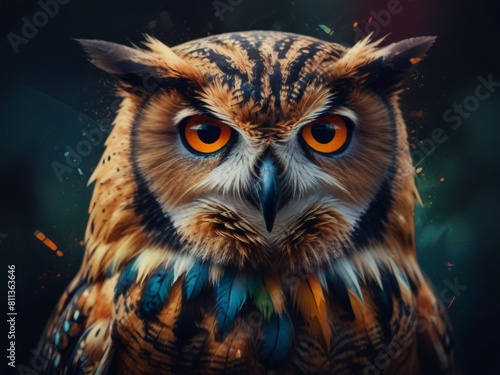 Close up portrait of an owl with orange eyes. Predatory animal. Generative AI