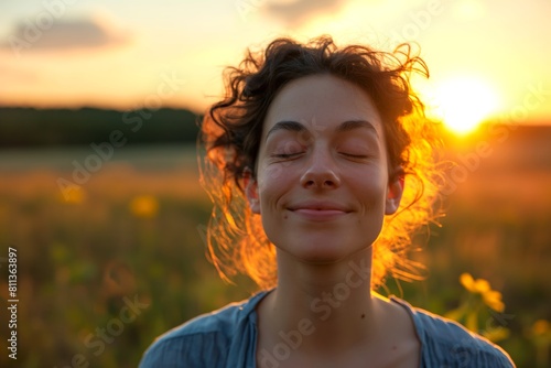 Backlit Portrait of calm happy smiling free woman with closed eyes enjoys a beautiful moment life on the fields at sunset  © Adriana