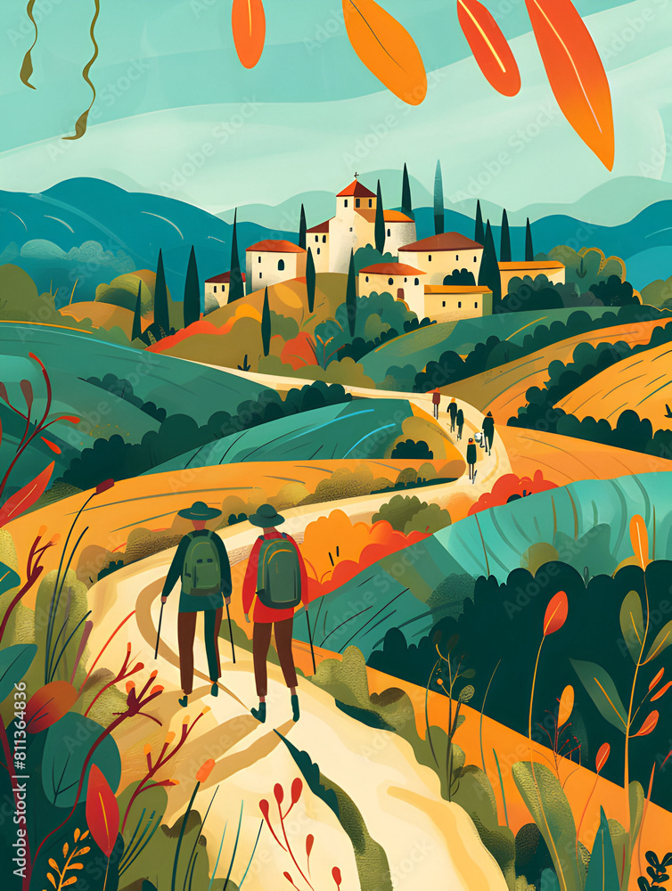 Tourists pilgrims walking along the ancient paths Spanish route, Buen Camino Tourists pilgrims walking along the ancient paths Spanish route, Buen Camino