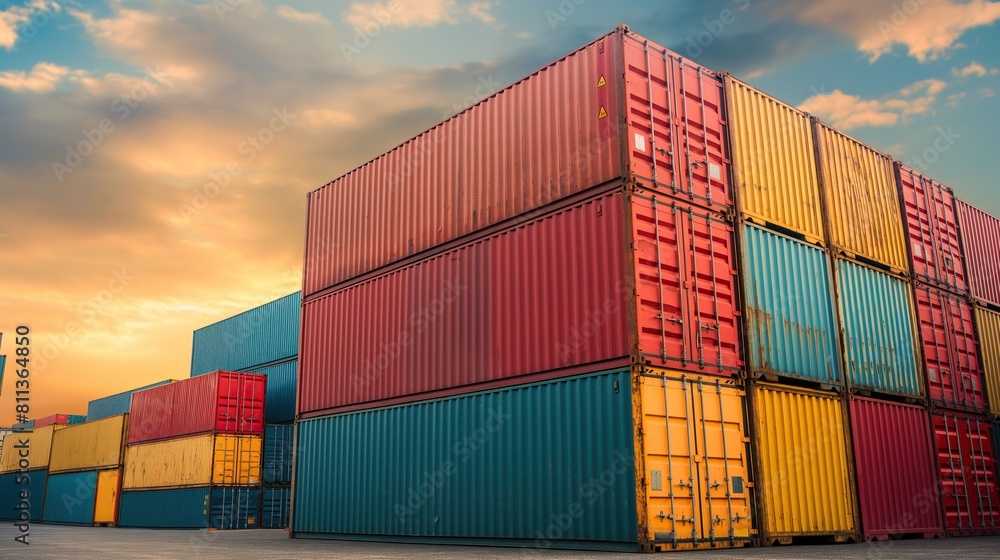 Fototapeta premium Transport container for cargo transportation background, shipping container yard, industrial port storage freight global. Industrial container yard for logistic import export business and forklift.