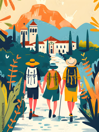 Tourists pilgrims walking along the ancient paths Spanish route, Buen Camino