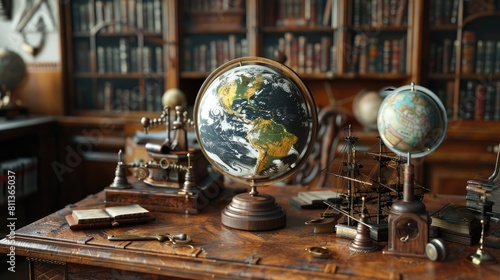 Earth globe, spinning on an ancient mahogany desk, surrounded by antique navigational tools realistic