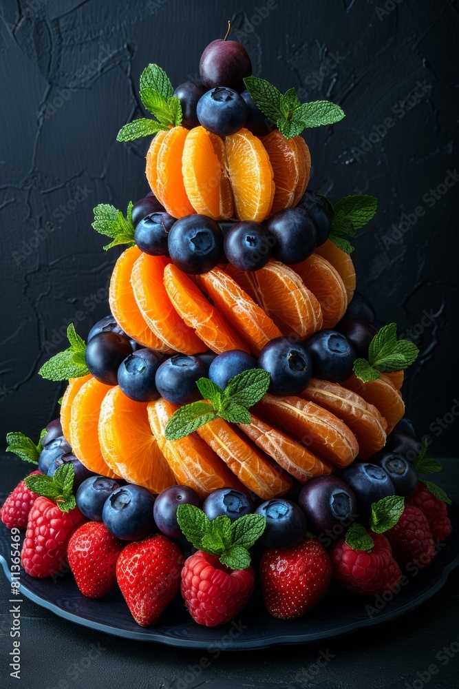 A tower of fruit arranged in a pyramid on top of black plate, AI