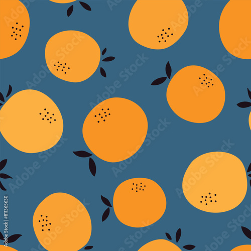 Seamless pattern with citrus orange fruits. Summer pattern on blue background. Vector illustration. © Evalinda