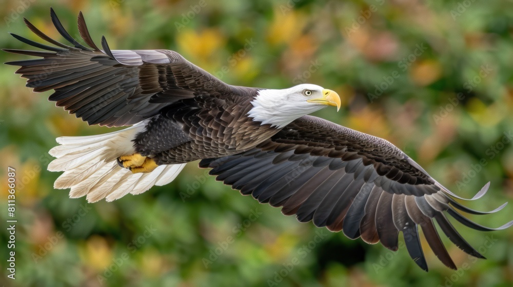 Realm of Majesty, In the Presence of a Bald Eagle's Flight, Its Commanding Presence Illuminated Against the Towering Majesty of Evergreens, a Moment of Wilderness Splendor Realm of Majesty, In the Presence of a Bald Eagle's Flight, Its Commanding Presence Illuminated Against the Towering Majesty of Evergreens, a Moment of Wilderness Splendor