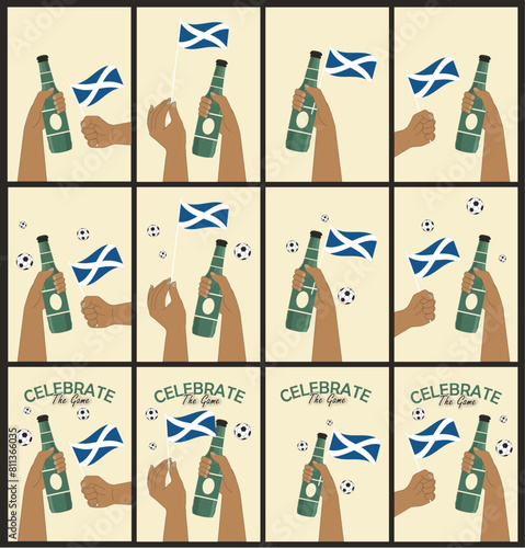 Euro 2024. Football. Hand with Scotland flag and other hand with beer bottle. celebrate a sporting event. support team. Football match. Soccer illustration. European Cup. support Scotland. Tournament