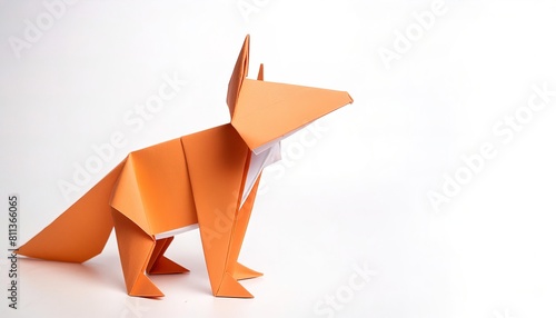 Animal concept origami isolated on white background of a red fox - Vulpes vulpes - with copy space side, simple starter craft for kids photo