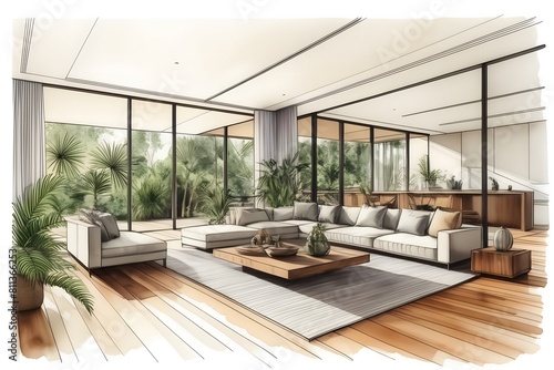 A chic Aussie home  harmonizing sleek design with tropical vibes. Featuring airy spaces  sustainable elements  lush surroundings  and seamless indoor-outdoor flow.