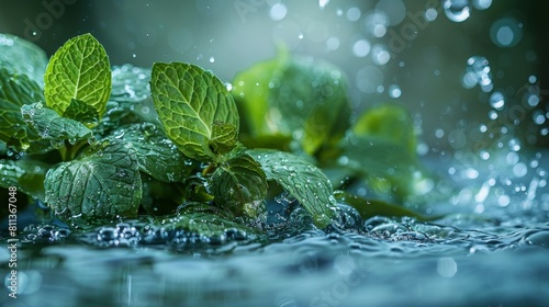 refreshing herbal infusion  mint leaves cascading into pristine water  infusing it with a burst of flavor and freshness