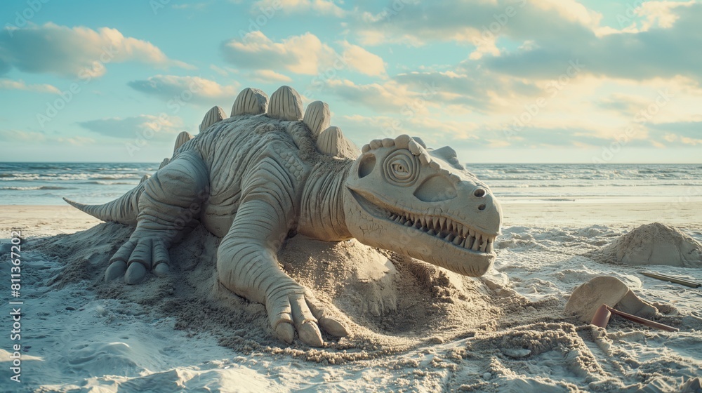 Sculpted Sand Dinosaur on Beach at Sunset with Ocean Background