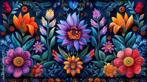 A painting of a colorful flower design on blue background, AI