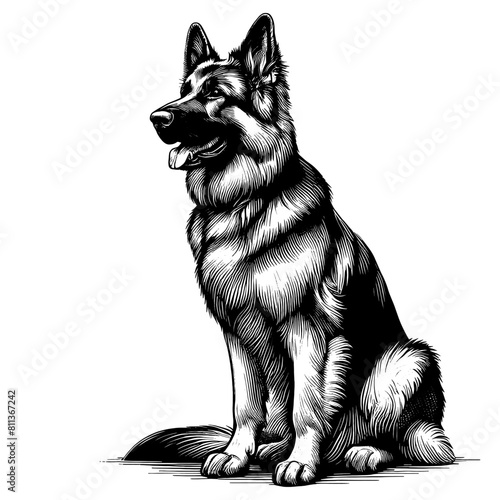 Cute German Shepherd in full-body, hand drawn sketch. Vector isolated on white background	