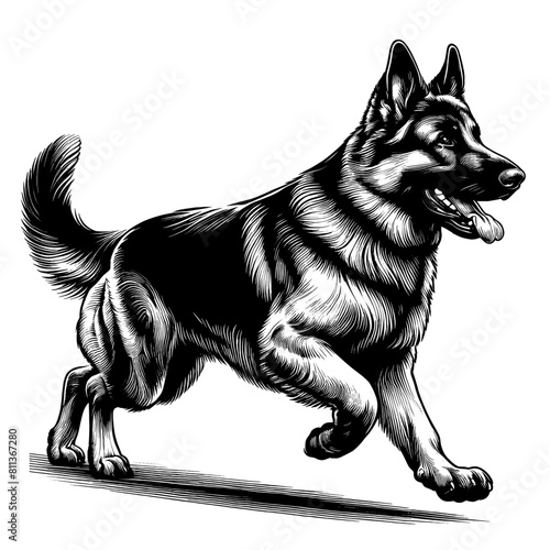 Cute German Shepherd in full-body, hand drawn sketch. Vector isolated on white background	