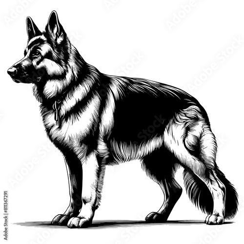 Cute German Shepherd in full-body  hand drawn sketch. Vector isolated on white background 