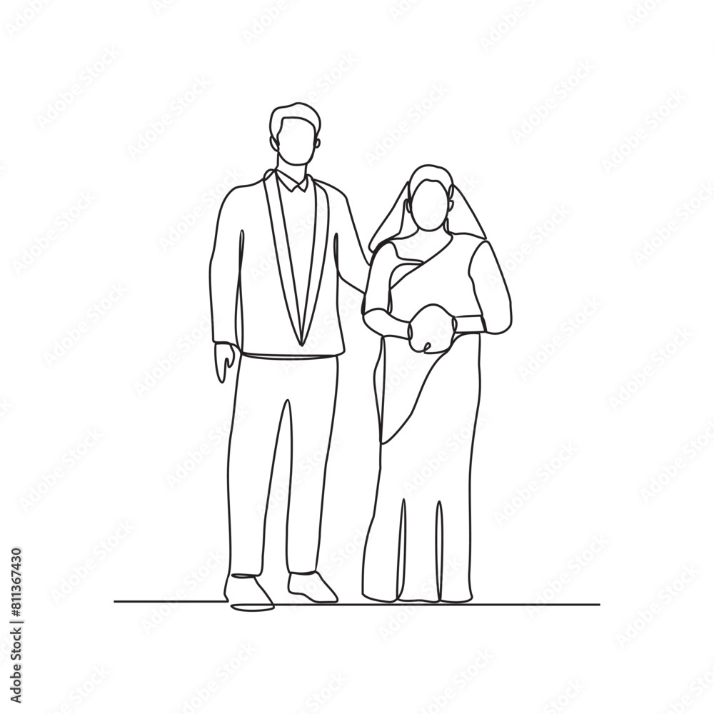 One continuous line drawing of Wedding ceremony vector illustration. the bride and groom with wedding costume design illustration simple linear style vector concept. Wedding design illustration.
One continuous line drawing of Wedding ceremony vector illustration. the bride and groom with wedding costume design illustration simple linear style vector concept. Wedding design illustration.
