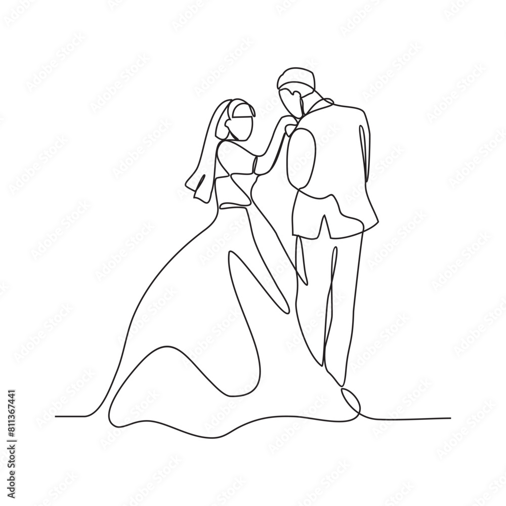 One continuous line drawing of Wedding ceremony vector illustration. the bride and groom with wedding costume design illustration simple linear style vector concept. Wedding design illustration.
One continuous line drawing of Wedding ceremony vector illustration. the bride and groom with wedding costume design illustration simple linear style vector concept. Wedding design illustration.