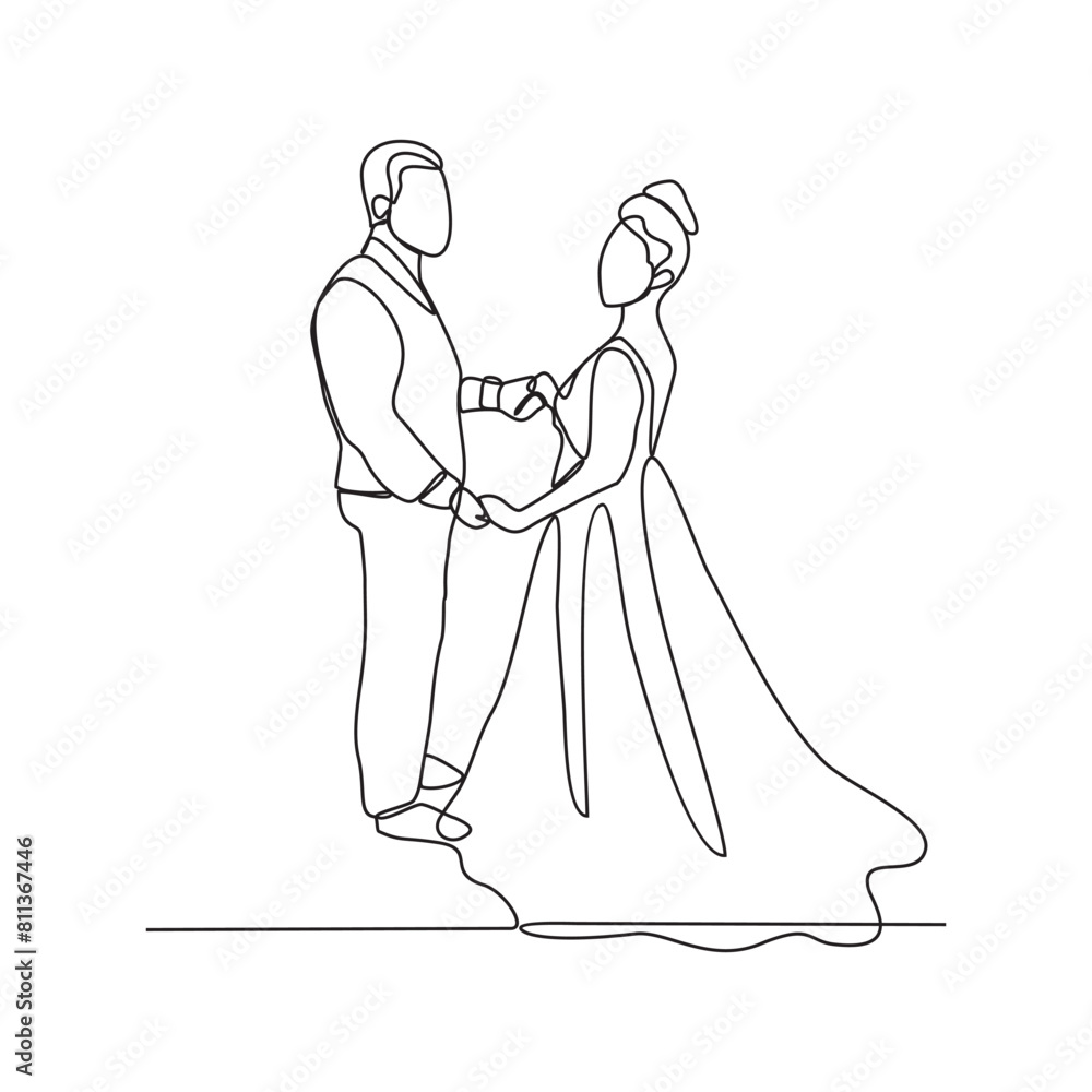 One continuous line drawing of Wedding ceremony vector illustration. the bride and groom with wedding costume design illustration simple linear style vector concept. Wedding design illustration.
One continuous line drawing of Wedding ceremony vector illustration. the bride and groom with wedding costume design illustration simple linear style vector concept. Wedding design illustration.