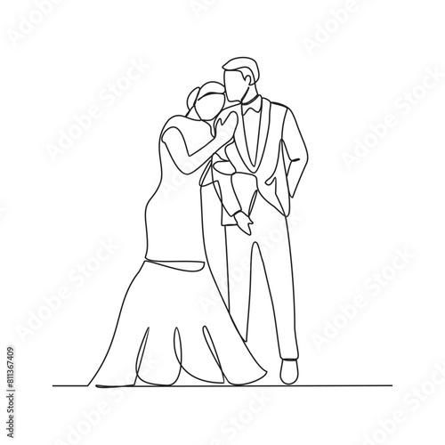 
One continuous line drawing of Wedding ceremony vector illustration. the bride and groom with wedding costume design illustration simple linear style vector concept. Wedding design illustration.