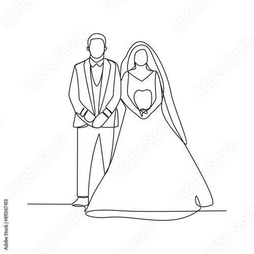 
One continuous line drawing of Wedding ceremony vector illustration. the bride and groom with wedding costume design illustration simple linear style vector concept. Wedding design illustration.