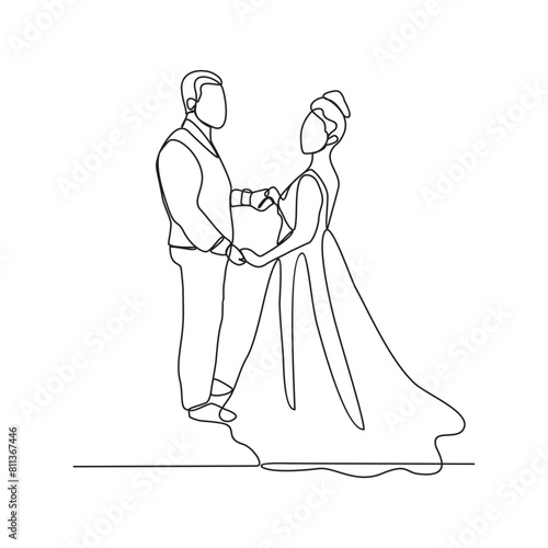  One continuous line drawing of Wedding ceremony vector illustration. the bride and groom with wedding costume design illustration simple linear style vector concept. Wedding design illustration.