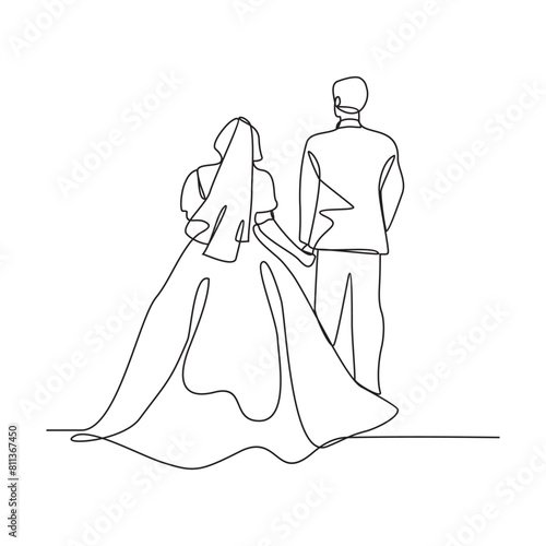  One continuous line drawing of Wedding ceremony vector illustration. the bride and groom with wedding costume design illustration simple linear style vector concept. Wedding design illustration.