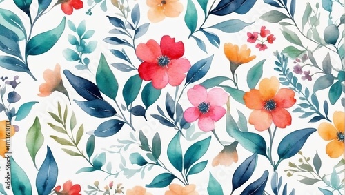 Seamless Endless Hand Drawn Watercolor Abstract Floral and Small Flowers Leaves Pattern Isolated Background 