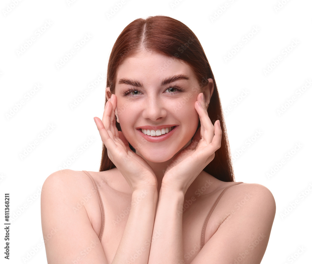 Portrait of smiling woman on white background Portrait of smiling woman on white background