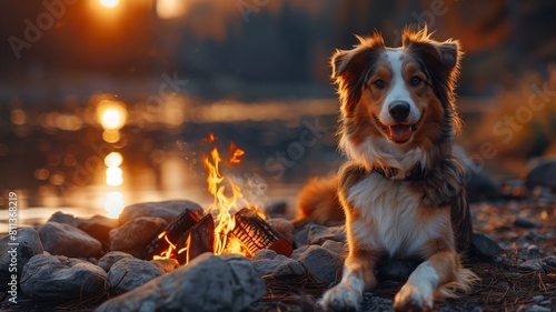 Camping Site with Australian Shepherd Dog Relaxing Near Campfire on the Shore