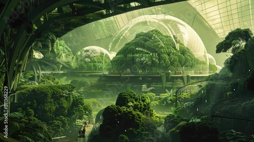 Eco-friendly green dome, covered in lush vegetation, set in a sustainable city of the future, people and green energy sources visible realistic photo