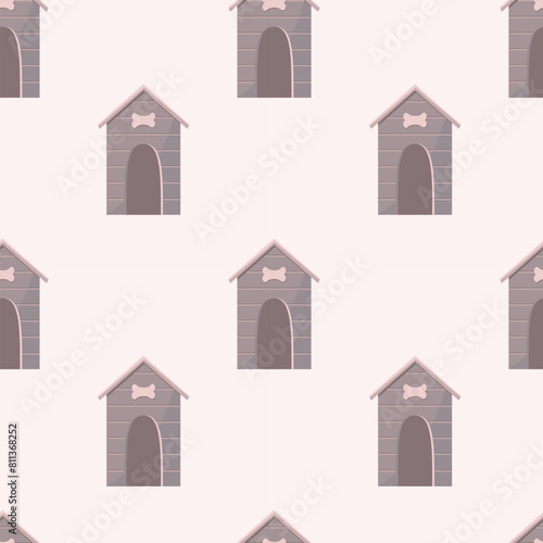 Seamless pattern with dog houses decorated with bone icon.