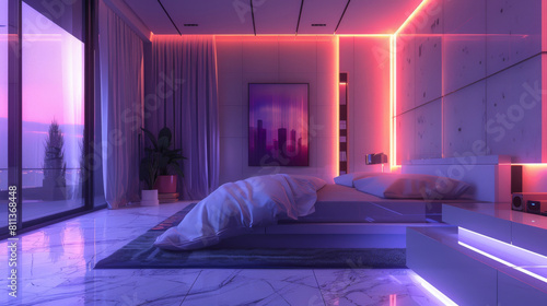 Modern neon-lit bedroom interior with cityscape view at dusk