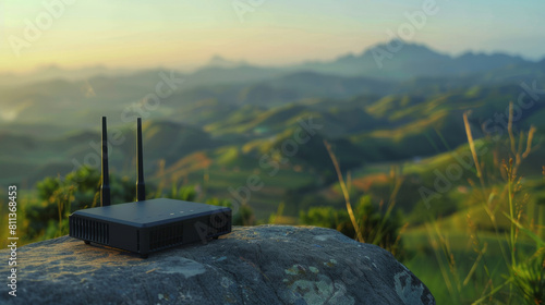 Wireless router on a rock overlooking a lush mountainous landscape at Sunrise