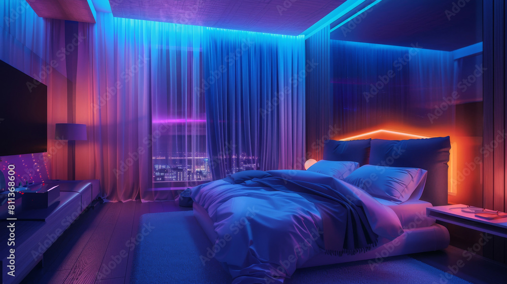 Neon dreams: futuristic neon-lit bedroom with panoramic city view Neon dreams: futuristic neon-lit bedroom with panoramic city view