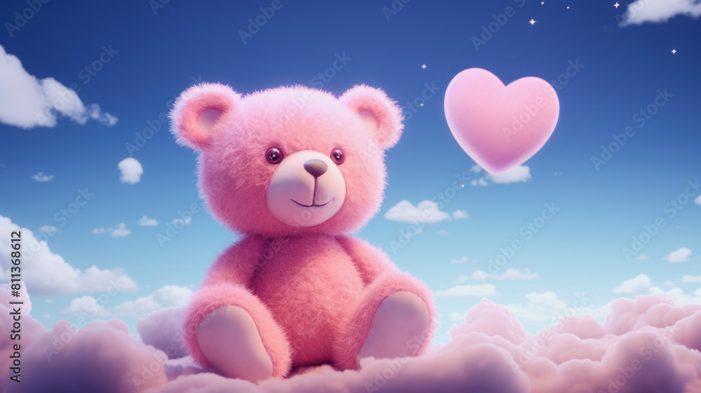 illustration of a cute cuddly pink teddybear in the sky with a small heart illustration of a cute cuddly pink teddybear in the sky with a small heart