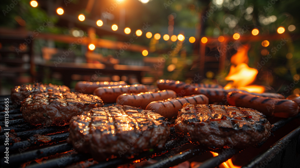 Several Juicy Hamburger Patties and Hot Dogs Grilling on a Iron Grate Over an Open Flame Several Juicy Hamburger Patties and Hot Dogs Grilling on a Iron Grate Over an Open Flame