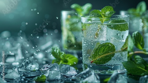 a cooling mint water splash with ice cubes a refreshing summer drink idea with room for text