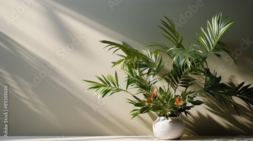 A potted houseplant with long leaves sitting on a table in a round  off-white ceramic pot with orange flowers. The background wall is a soft green  and sunlight casts shadows on the wall