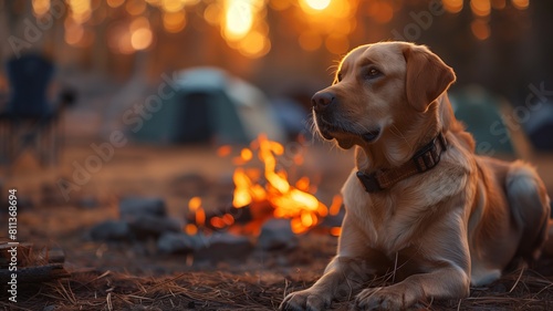 Camping Site with Yellow Labrador Retriever Resting Near Campfire and Tent photo