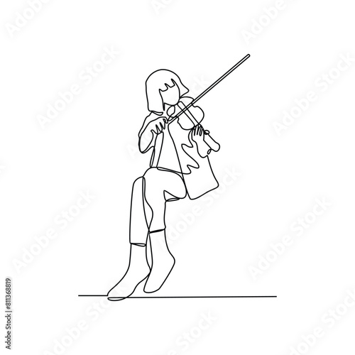 One continuous line drawing of a violinist is performing on stage in front of thousands of spectators vector design illustration. Music themes with simple linear continuous line style design concept.